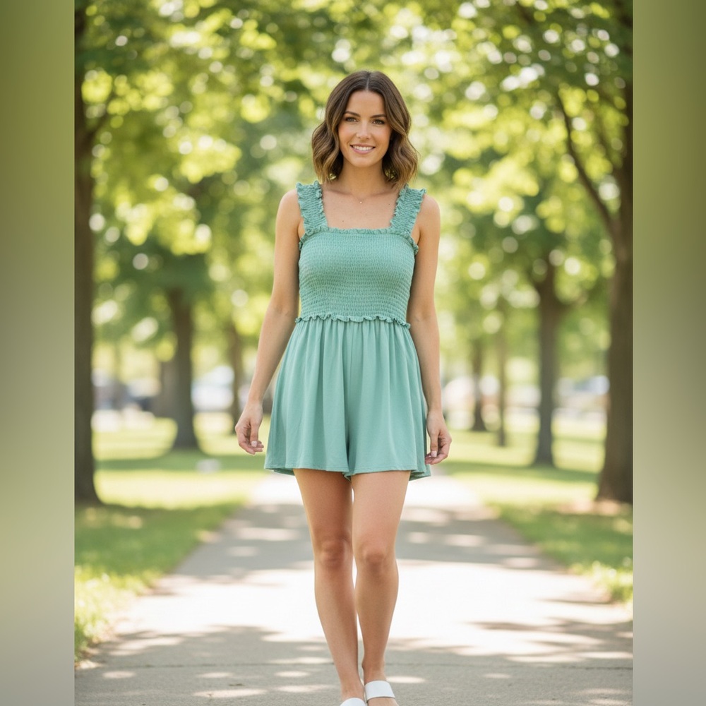 Women’s Boutique Romper Ruched Bodice Mint Green NWT Size Medium